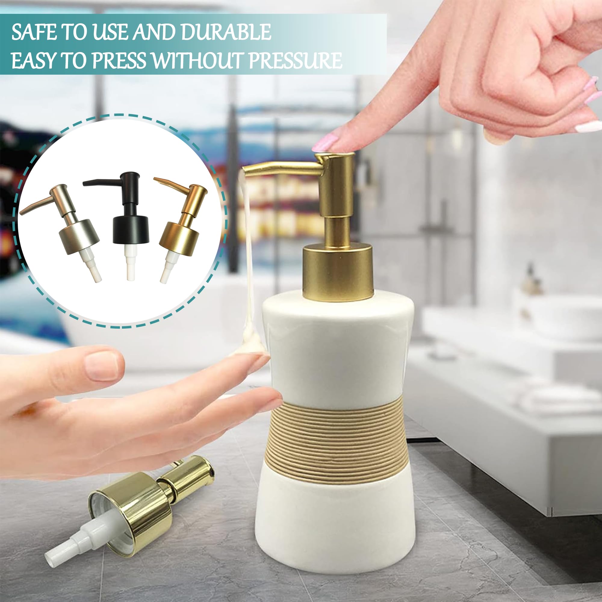 Dispenser a pompa, testa di ricambio per dispenser di sapone, ricambio 28/400 (26 mm - 28 mm), dimensioni del collo, erogatore di sapone in plastica per cucina e bagno (oro