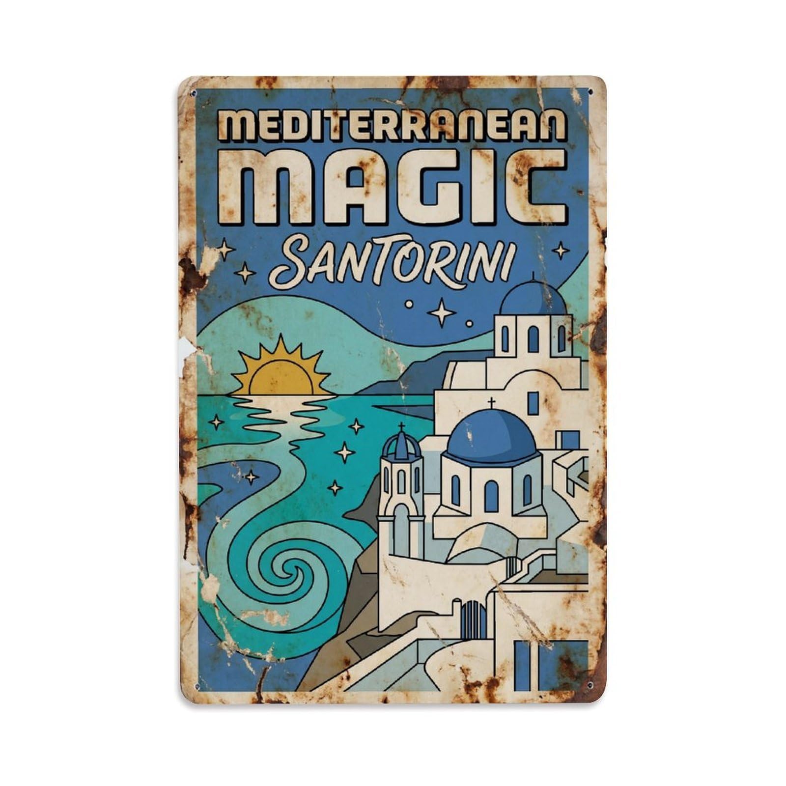 Gead 8X12inch Style Vintage Travel Santorini Mediterranean Magic Metal Tin Sign