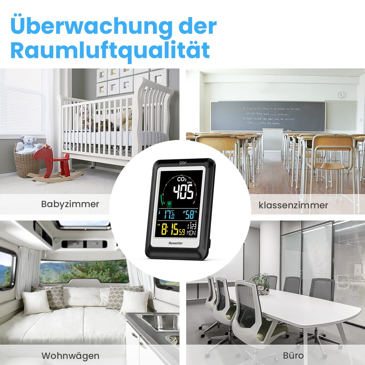 Newentor CO2 Messgerät, NDIR, 4 CO2-Konzentrationsstufen mit Alarm, Batteriebetrieb & USB-Anschluss, Schwarz