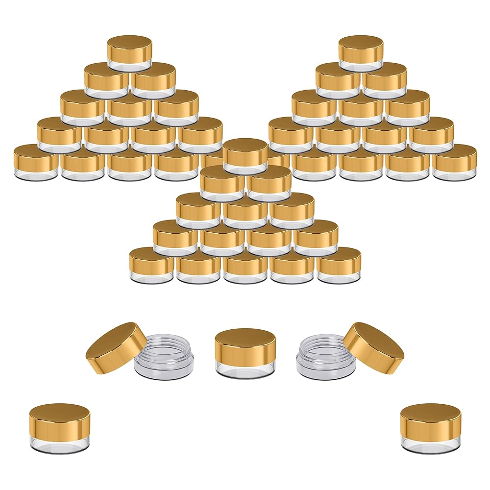 Houseables Sample Containers, Sample Jars, Lip Balm Containers, Mini Jars with Lids, Small, Empty, Makeup, Powder, Gloss, Cosmetic, Tiny, Dab, Wax, Scrub, Little, Travel, Plastic, Gold, 3 Gram, 50 PK