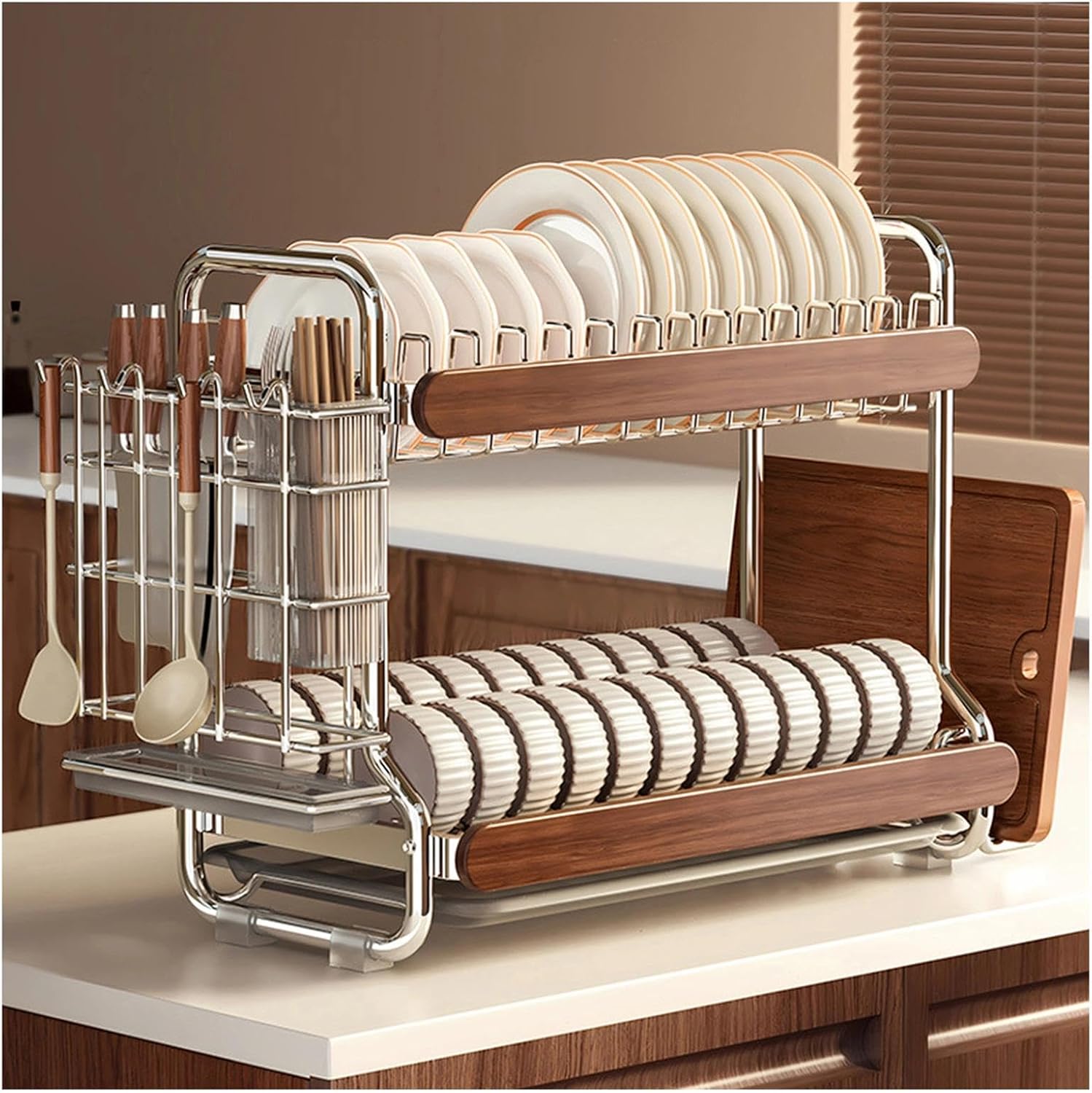 Stainless Steel Dish Rack, Multi-Functional Kitchen Counter Storage Rack Drain Racks Dish Holder Bowl Storage Racks with Drain Board, Utensil Holder(2 Tier)