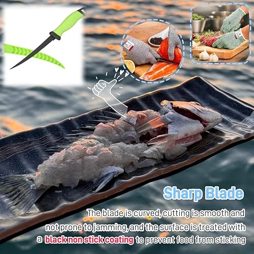 Miniatura 9 de Cuchillo de filete de pescado, juego de cuchillos profesionales de filete de pesca de 7 pulgadas, hoja de acero inoxidable con revestimiento