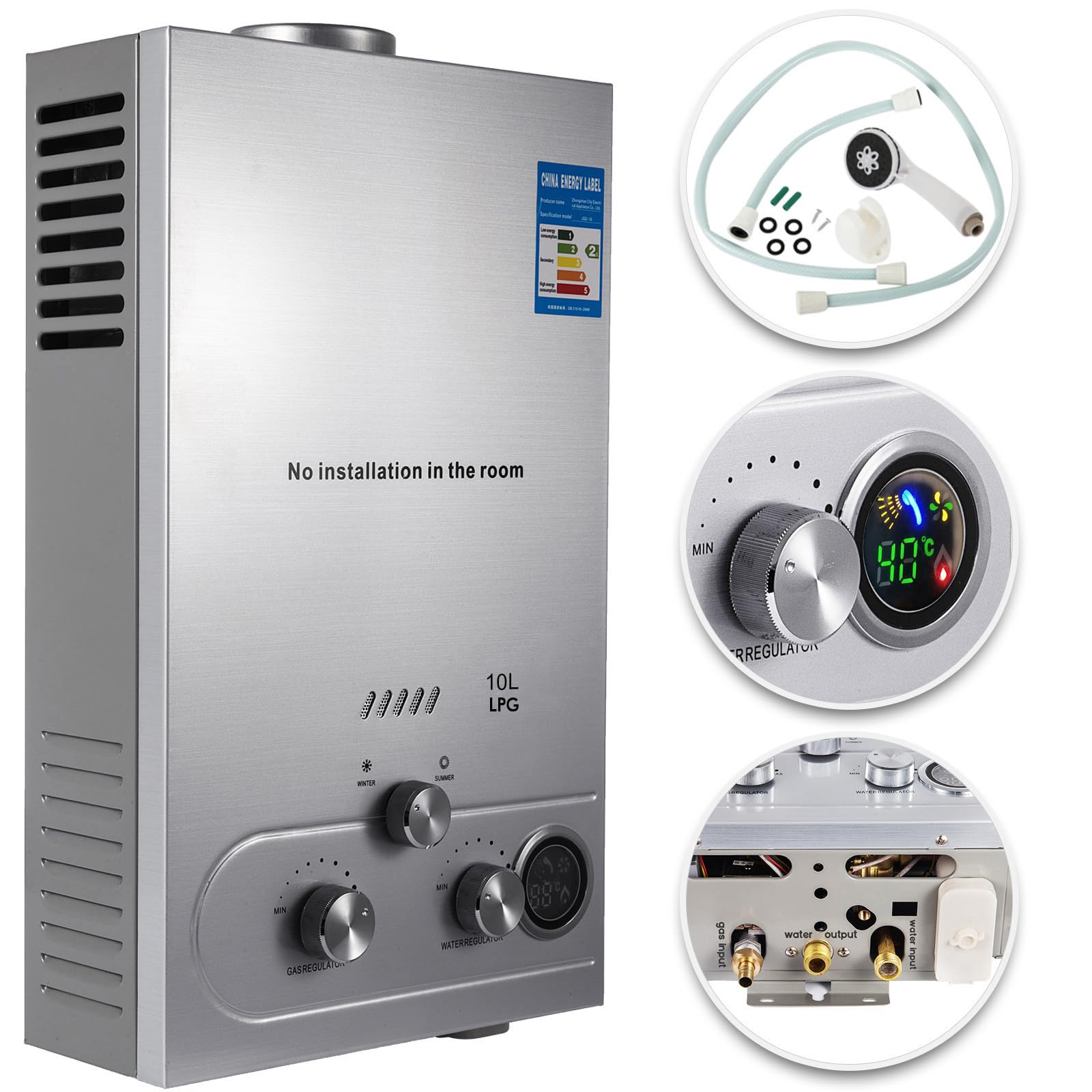 10L Calentador de Agua a Gas LPG Calentador de Agua a Gas Butano 20KW Calentador de Agua de Gas Licuado de Petróleo sin Tanque,para Baño/Cocina/Autocaravana/Camping/Al Aire Libre etc. (10L)