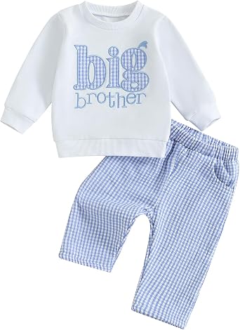 Big Brother Outfits Baby Boy Fall Clothes Toddler 2Pcs Winter Embroidery Letter Long Sleeve Top Gingham Pants Sets