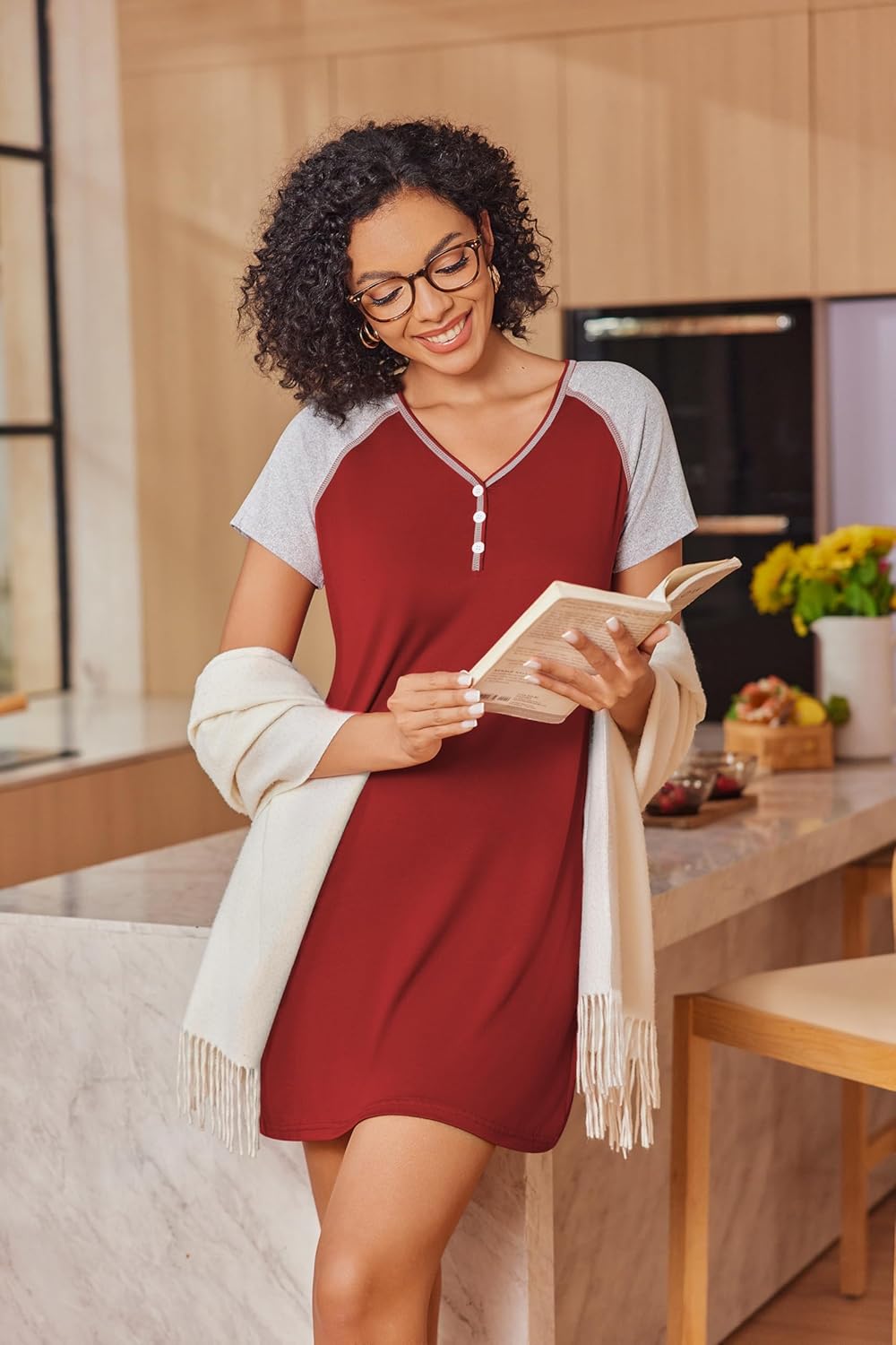 Ekouaer Nightgown for Women Short Sleeve Sleepshirts V Neck Nightshirt Comfy Sleepwear With Botton S-XXL - Image 4