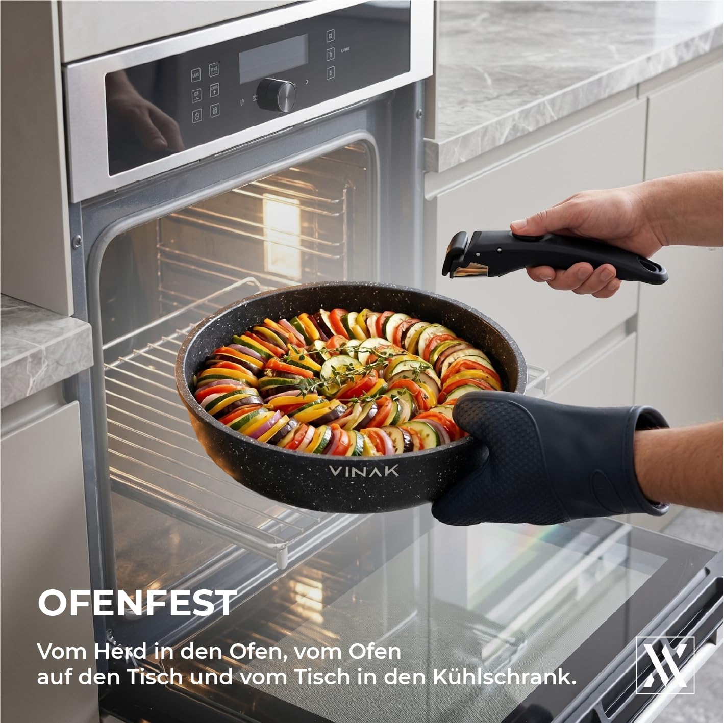 VINAK – Bratpfannen-Set mit abnehmbarem Griff | Antihaftbeschichtung | 11 STÜCK - 26 + 20 cm Bratpfanne, 18 cm Stieltopf, Glasdeckel, Silikonutensilien | Induktions- und ofenfest | PFOA-/BPA-frei