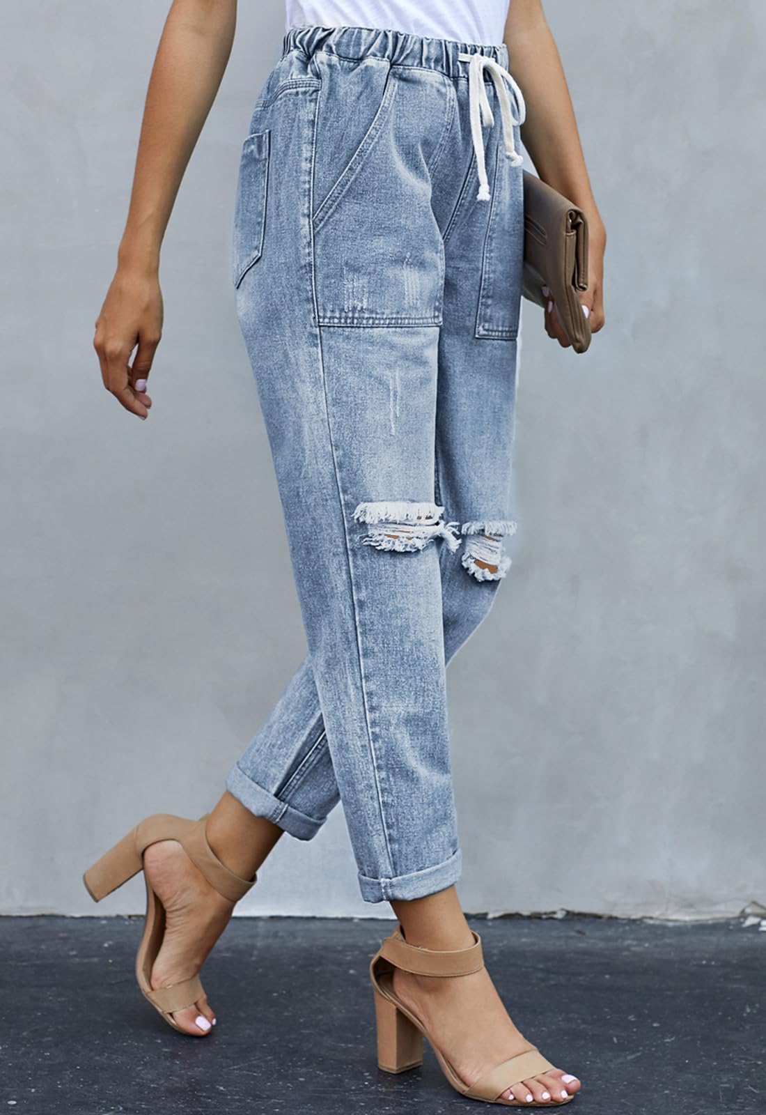 Alaster Queen Leggeri Pantaloni Casual Larghi da Donna Jeans Stretch Strappati Blu Cielo M