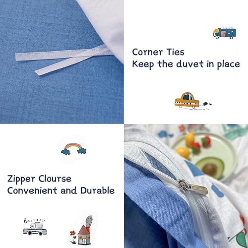 Miniatura 6 de Juego de funda de edredón para niños y niñas, tamaño matrimonial, 100% algodón, estampado de autobús de coches, para niños y niñas, juego de funda