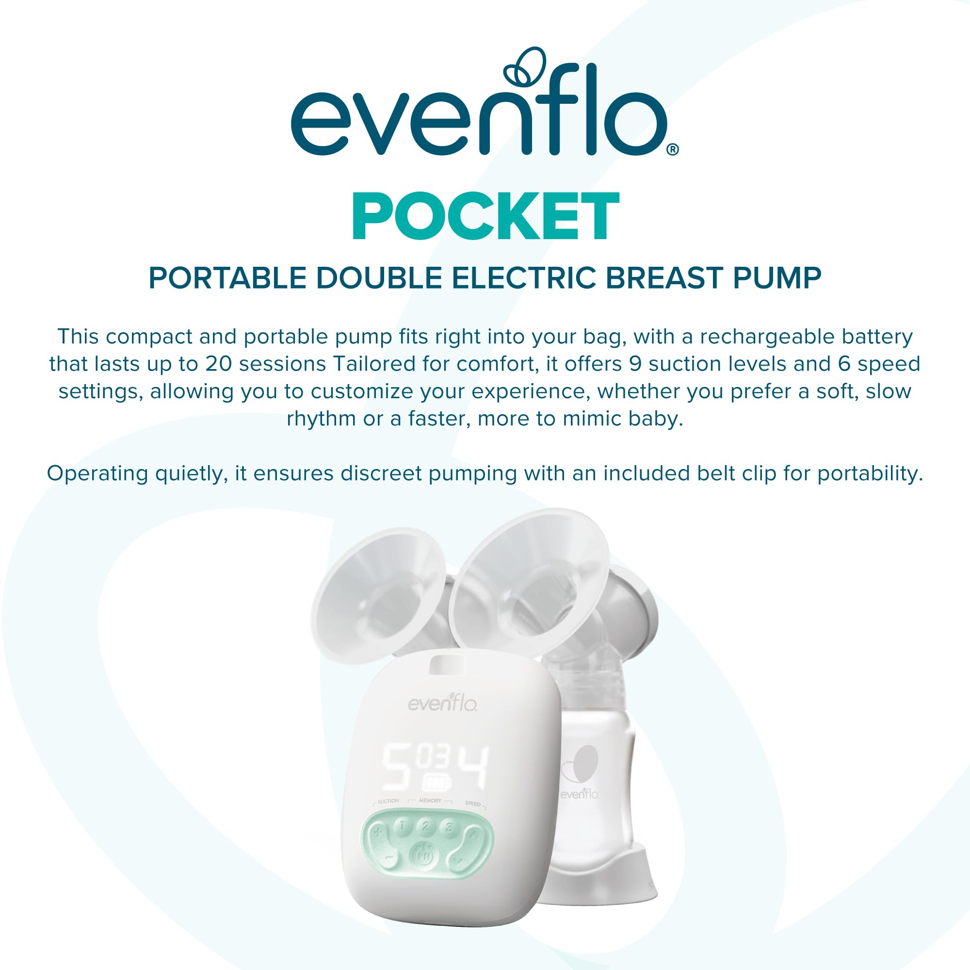 Evenflo Pocket Pompe à lait portable 20 séances de pompage pour charge 9 réglages d'aspiration 3 réglages de mémoire Blanc