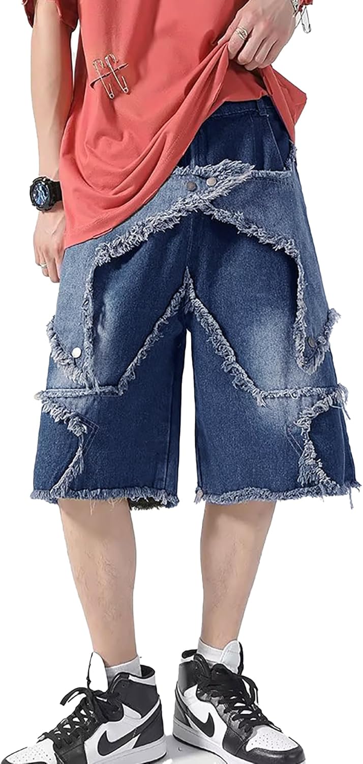 Womens Y2k Baggy Jorts-Drawstring Star Patchwork Wide Leg Jean Shorts with Pockets - Image 3