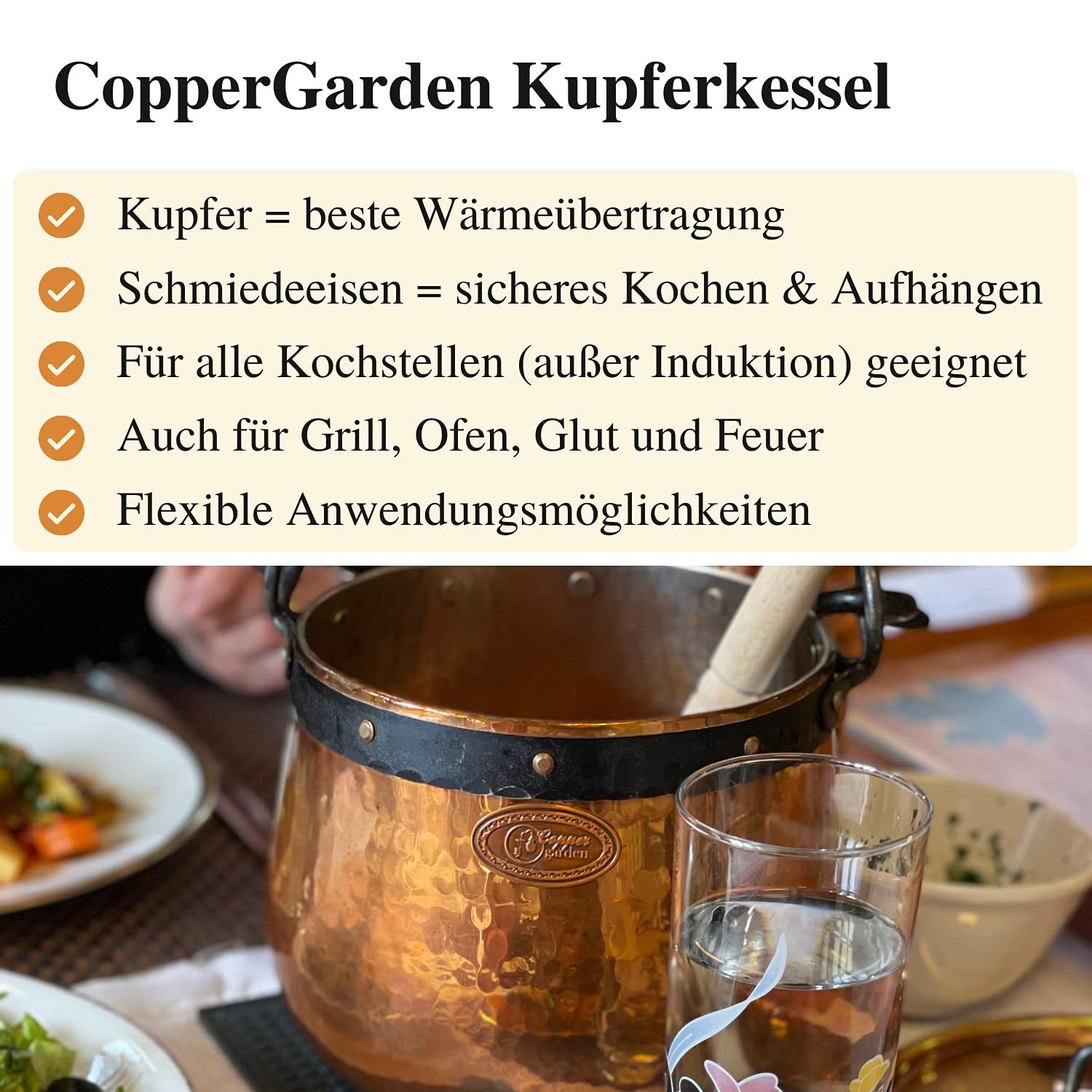 Chaudron en cuivre artisanal de 20 litres - 'CopperGarden®'
