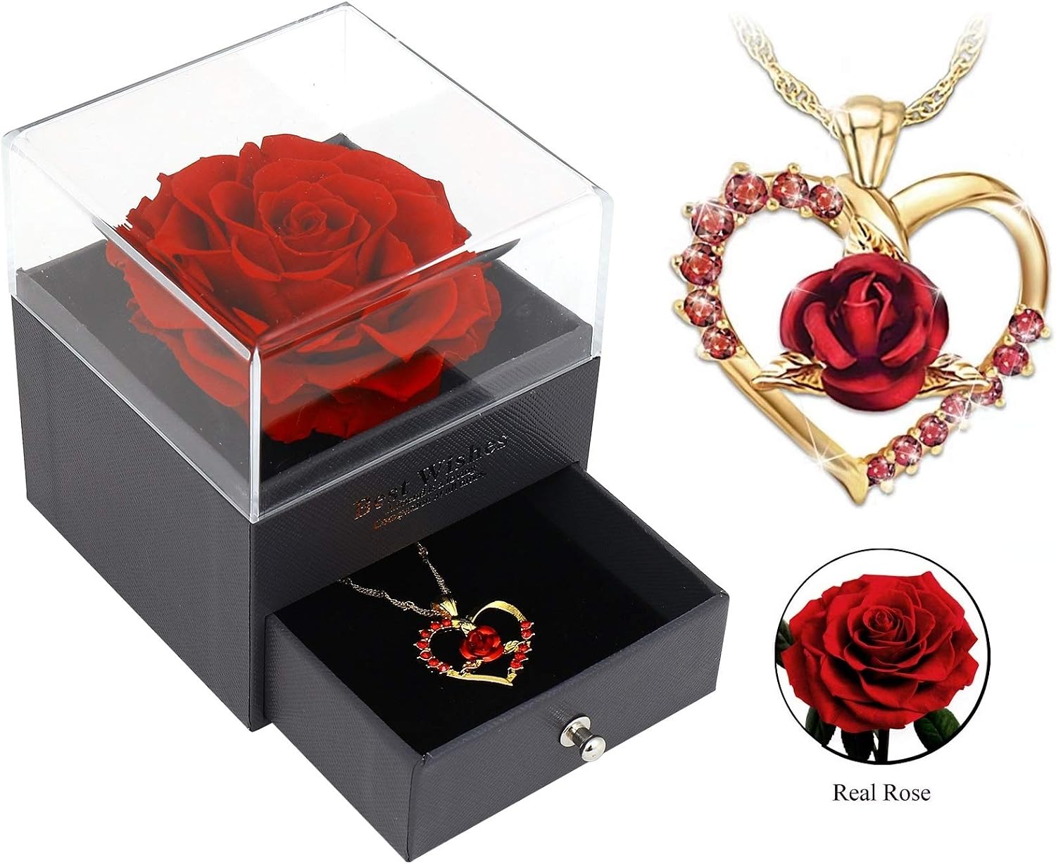 Preserved Real Rose That Lasts Forever with Necklace, Gift for Valentine's Day Wedding Anniversary Birthday (Preserved Real Rose with Drawer)