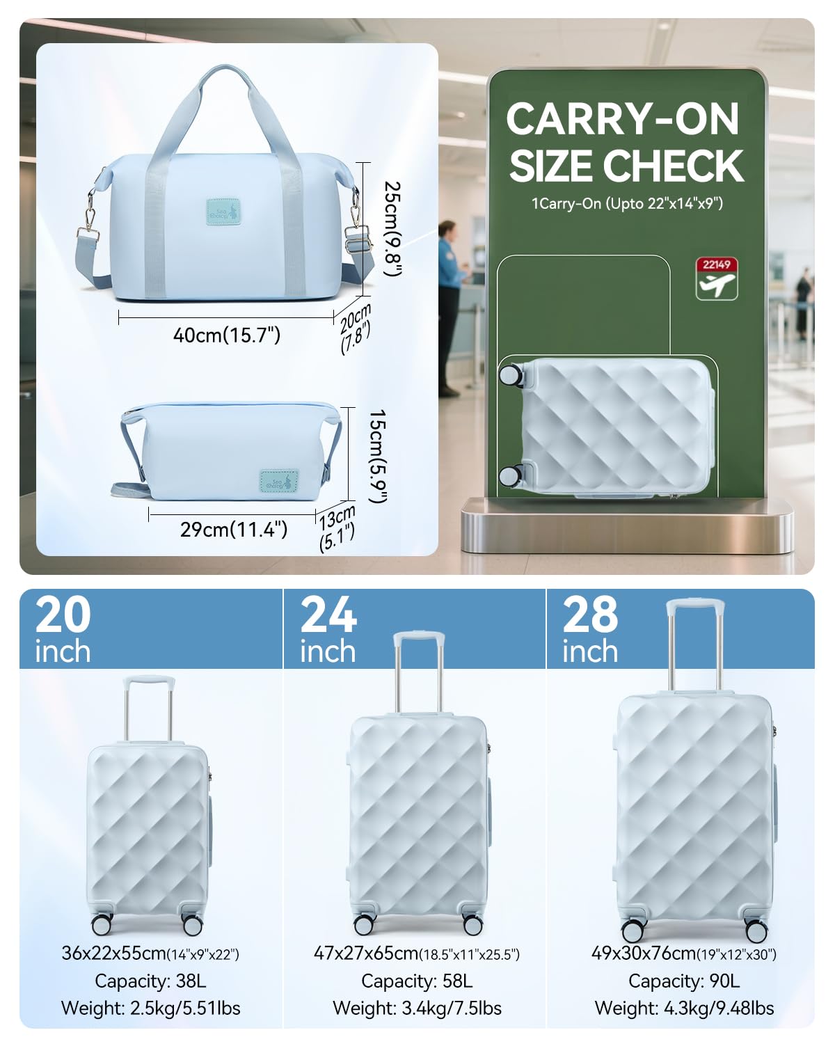 Sea choice Set de Valises Rigide de Voyage de ABS 5 pcs Ensemble de Valises avec Trousse de Toilette Sac de Voyage Lot de 3 Bagages (55/65/76) avec 8 Roues Serrure TSA