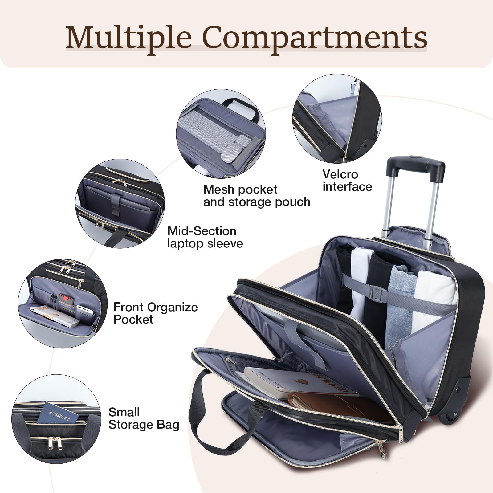 Bolsa con Ruedas Maletín para portátil 15,6, Bolsa diseñada para Viajes Profesionales de Negocios y Viajes,Color Negro