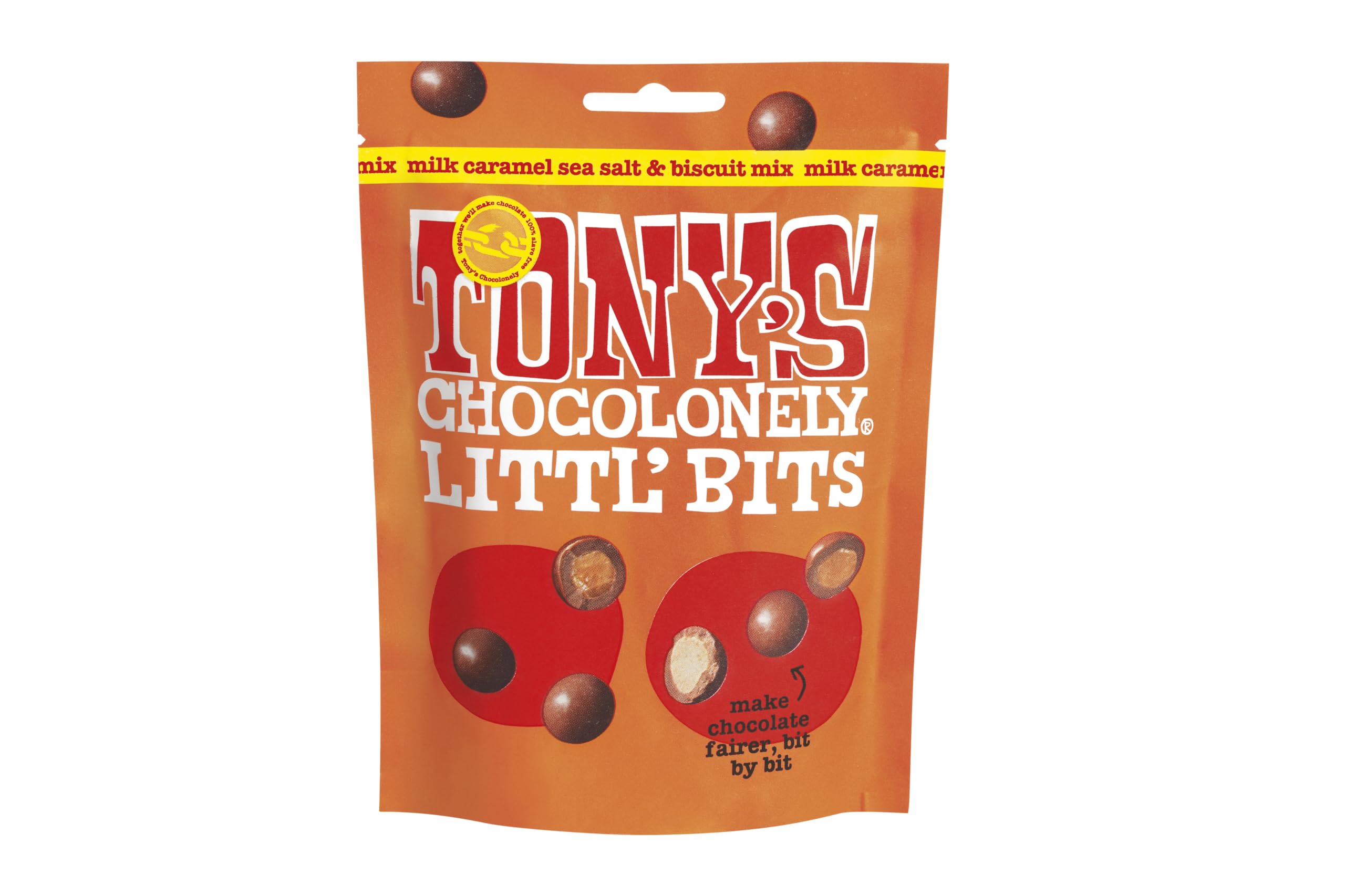 Tony's ChocolonelyLittl’ Bits Chocolate Mix Balls - Mini Milk Caramel Sea Salt Biscuit Chocolates in Sharing Pouch - 100g