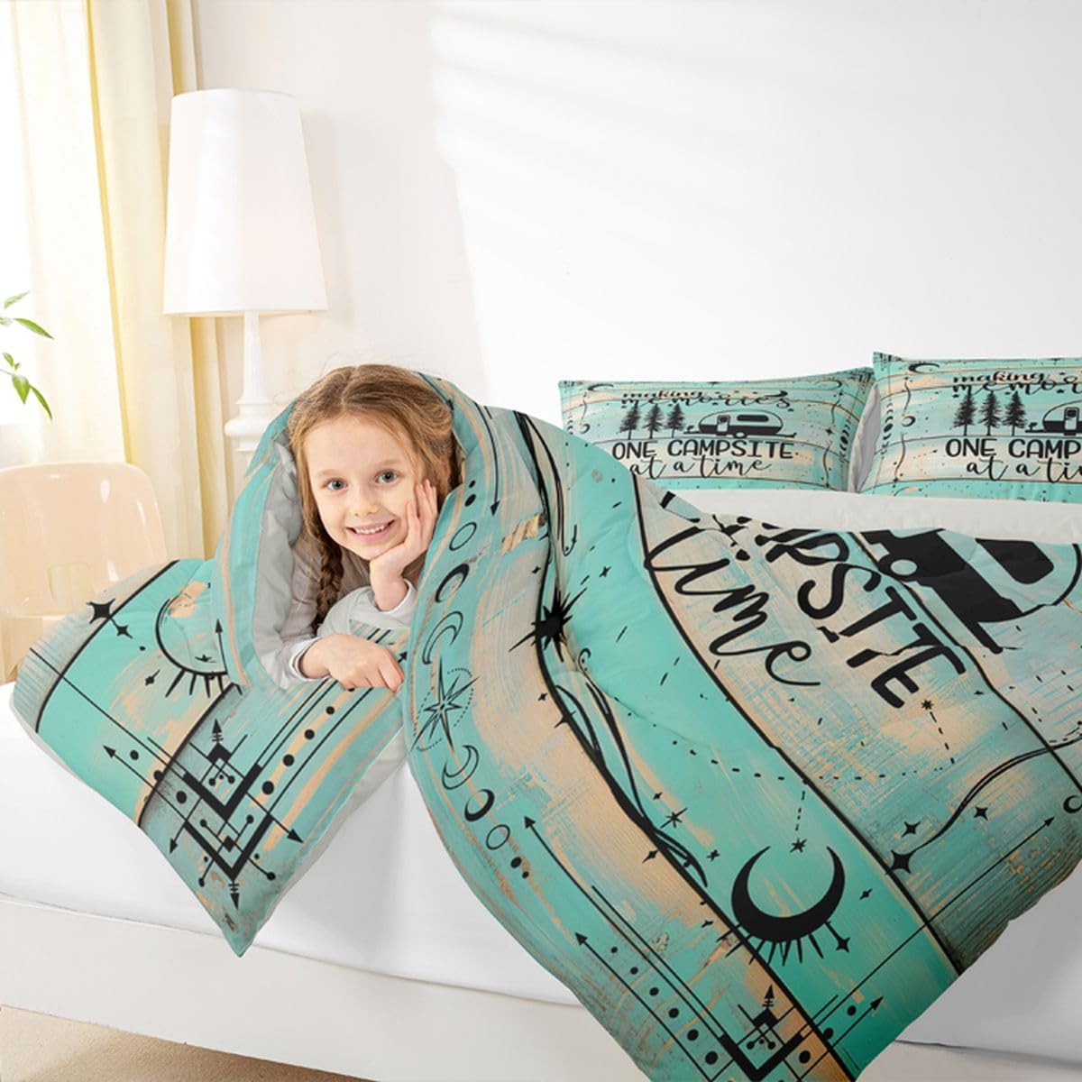 Erosebridal Rv Camper Comforter Set Queen Size, Happy Camping Quilt Country Rustic Farmhous Bedding Set for Kids Boys Teens,Vintage Wooden Barn Door Bedding Comforter Sets with 2 Pillow Cases, Green