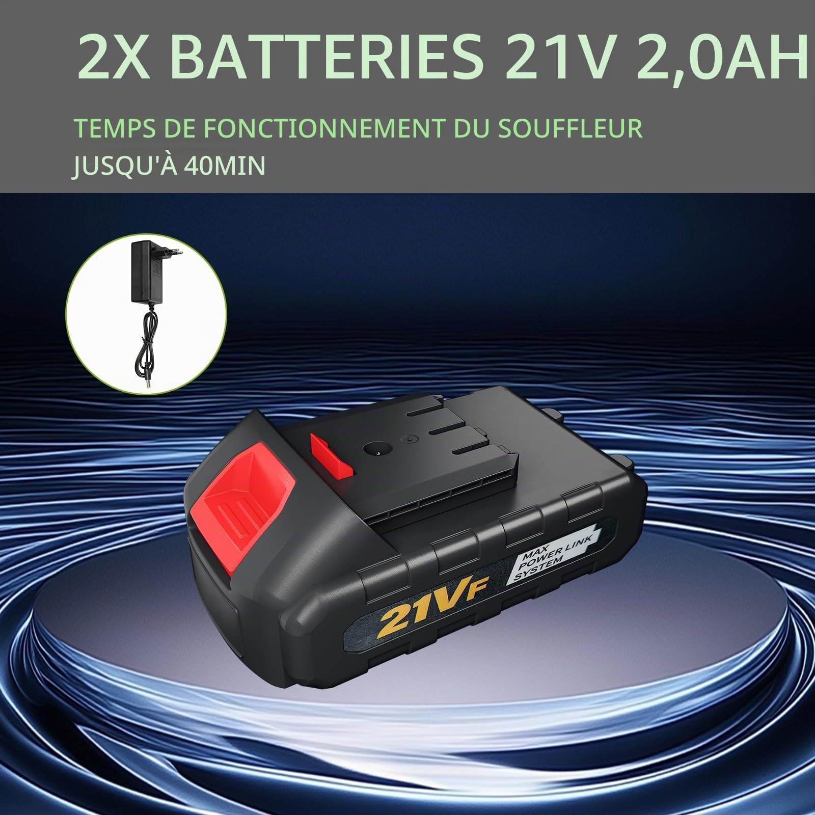 Souffleur de Feuilles sans Fil 21V, Vitesse de soufflage jusqu'à 8m/Min,Vitesse 15000r/min, souffleur sans Fil avec Batterie et Chargeur, Leaf Blower pour la saleté & Les Feuilles (2 Batterie)