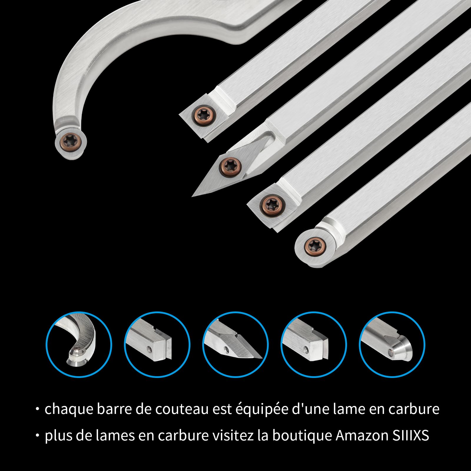 Kit d'outils de tournage de tour en bois en carbure de taille complète avec ponceuse à bol, outils de tour en carbure de 6 pièces de 46 cm avec boîte en bois poignée en hêtre avec caoutchouc