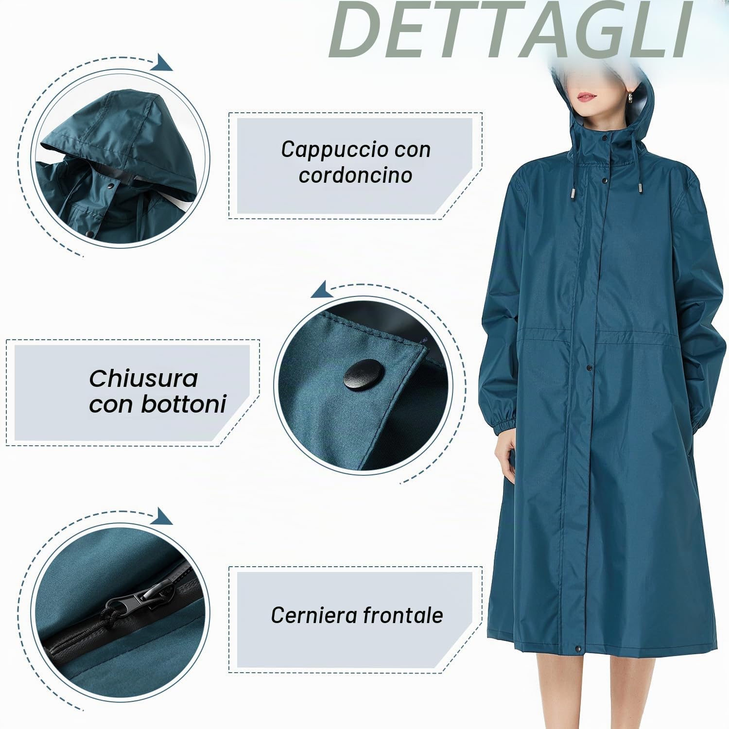 Donne Impermeabile Giacca da Pioggia Leggera Con Cappuccio Impermeabile Lungo All'aperto Riutilizzabile Asciugatura Rapida Abbigliamento da Pioggia