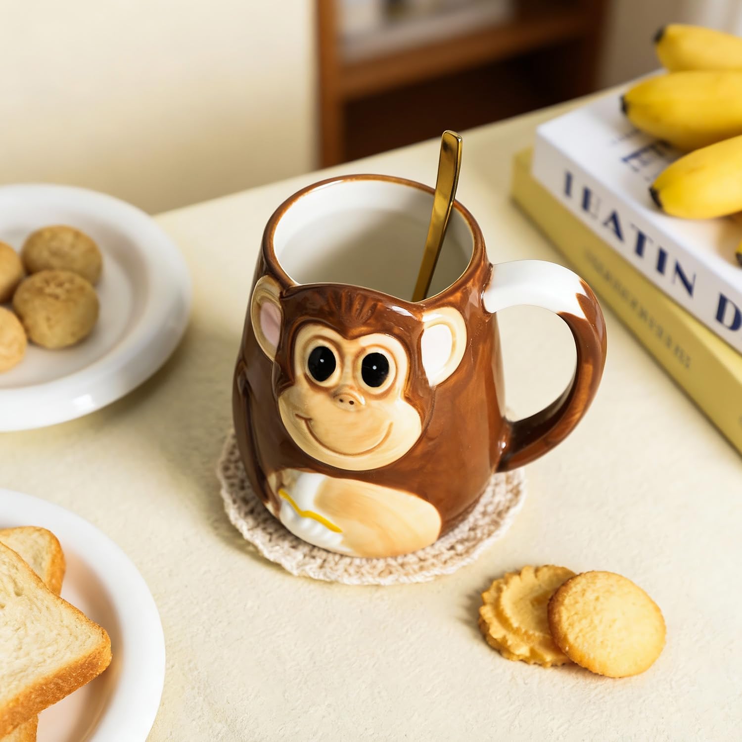 Ceramic Mug,Monkey Relief Coffee Mug Hand Draw Water Cup With Handle,15oz