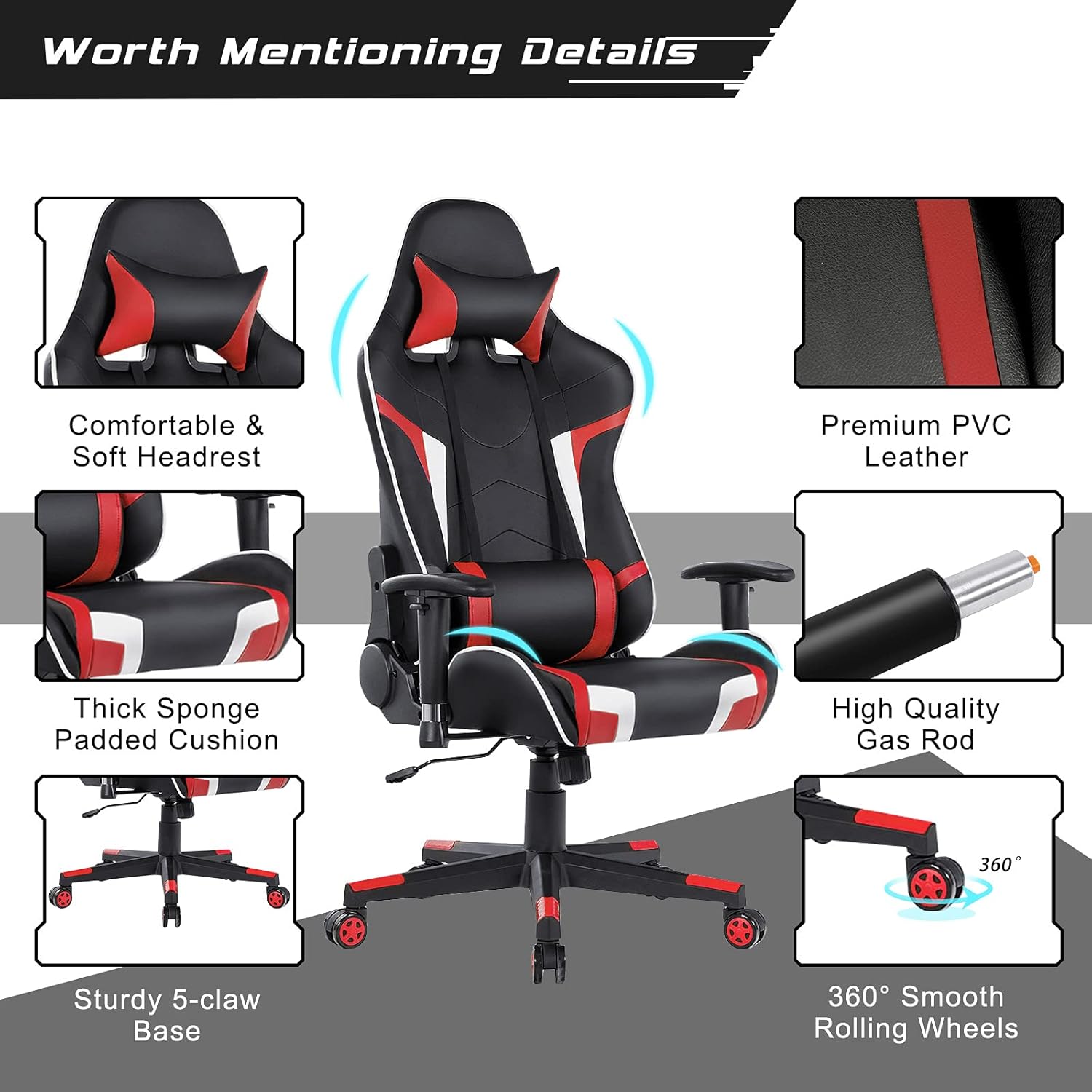 GYMAX Gaming Chair, Massage Gaming Chairs for Adults with Headrest, Lumbar Support & Armrest, Video Computer Reclining Gaming Chair, Office Desk Gamer Task Chair (Red)