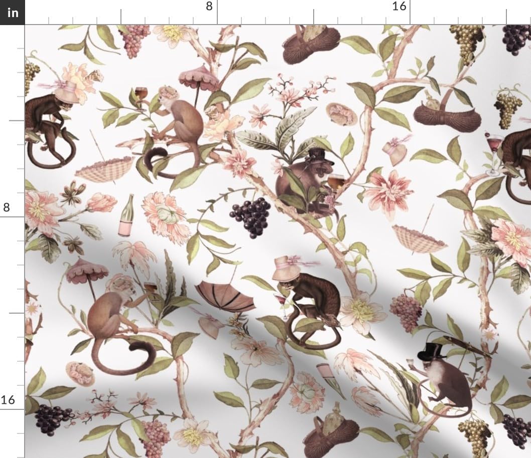 Spoonflower Fabric - Chinoiserie Whimsical Antique Rococo Drunk Monkey 18Th Century Printed on Petal Cotton Fabric by The Yard - Sewing Quilting Apparel Crafts Decor