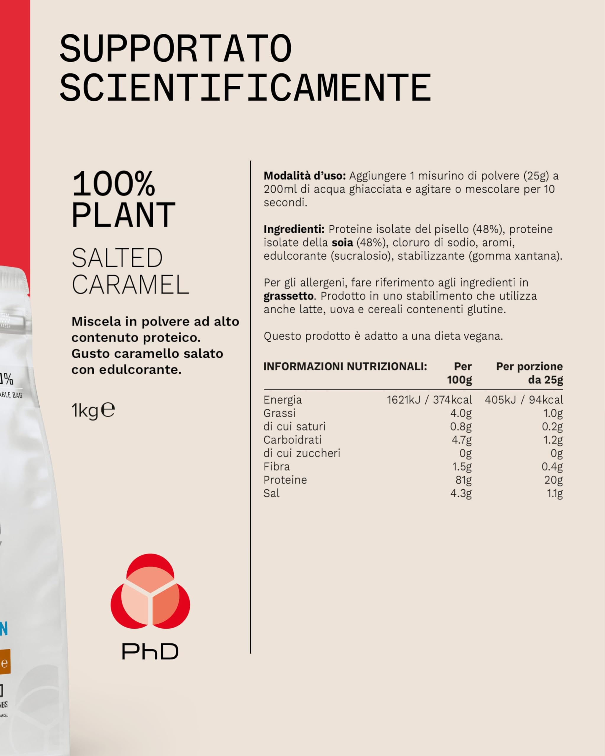 PhD Nutrition 100% Plant Protein in Polvere vegana 1kg Caramello Salato - Proteine vegane ad alto contenuto con 20g per porzione, 3,6g di BCAA, senza zuccheri e calorie ridotte.