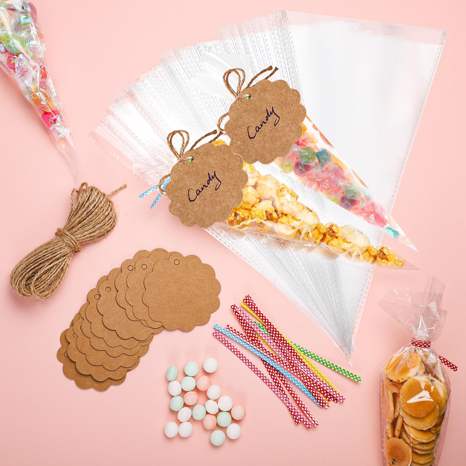 100 Sachets Transparents Pour Bonbons 25x13 Cm – Avec étiquettes Kraft, Liens Colorés Et Corde De Jute - 10