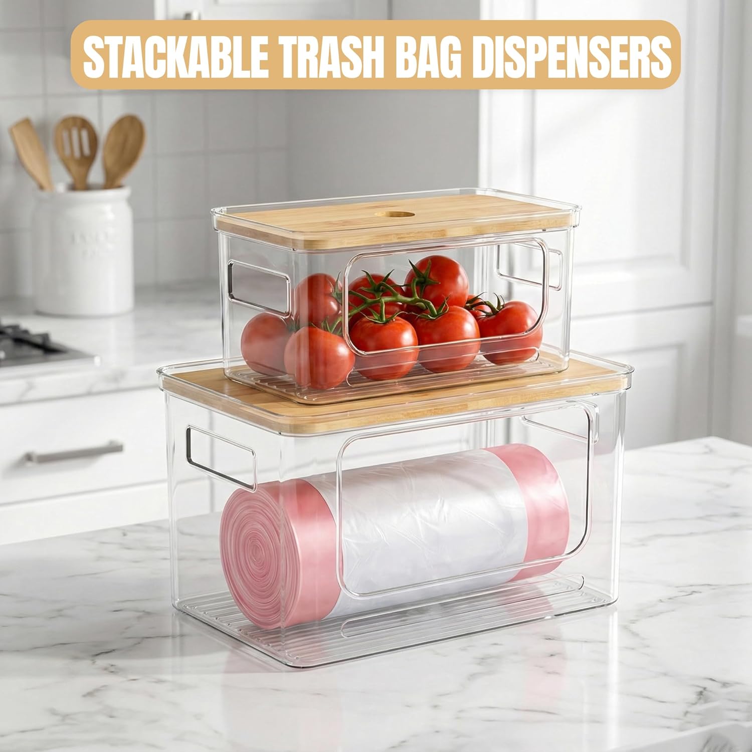 2 Pack Trash Bag Dispenser with Anti-Slip Pads - Stackable Garbage Bag Dispenser with Bamboo Lid and Anti-Slip Bottom, Laundry Room, Pantry, Under Sink Organizer and Storage (XL+S)