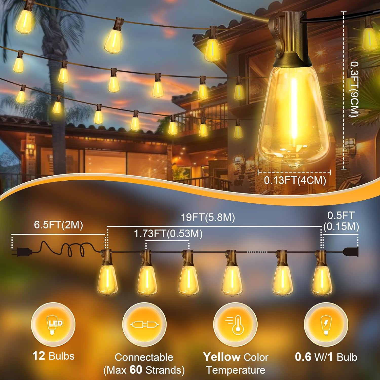 LAMPHOME 26Ft ST38 Outdoor Yellow String Lights, Connectable Waterproof Patio Lights,12+1 Shatterproof LED Hanging Fairy Lights for Outside Backyard Garden Deck Porch Christmas Cafe Party Decor