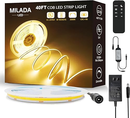 COB - Tira de luz LED de 3000 K, blanco cálido, 40 pies39.4 ft, tira regulable de alto lumen emparejada con control remoto IR de 24 V, adaptador
