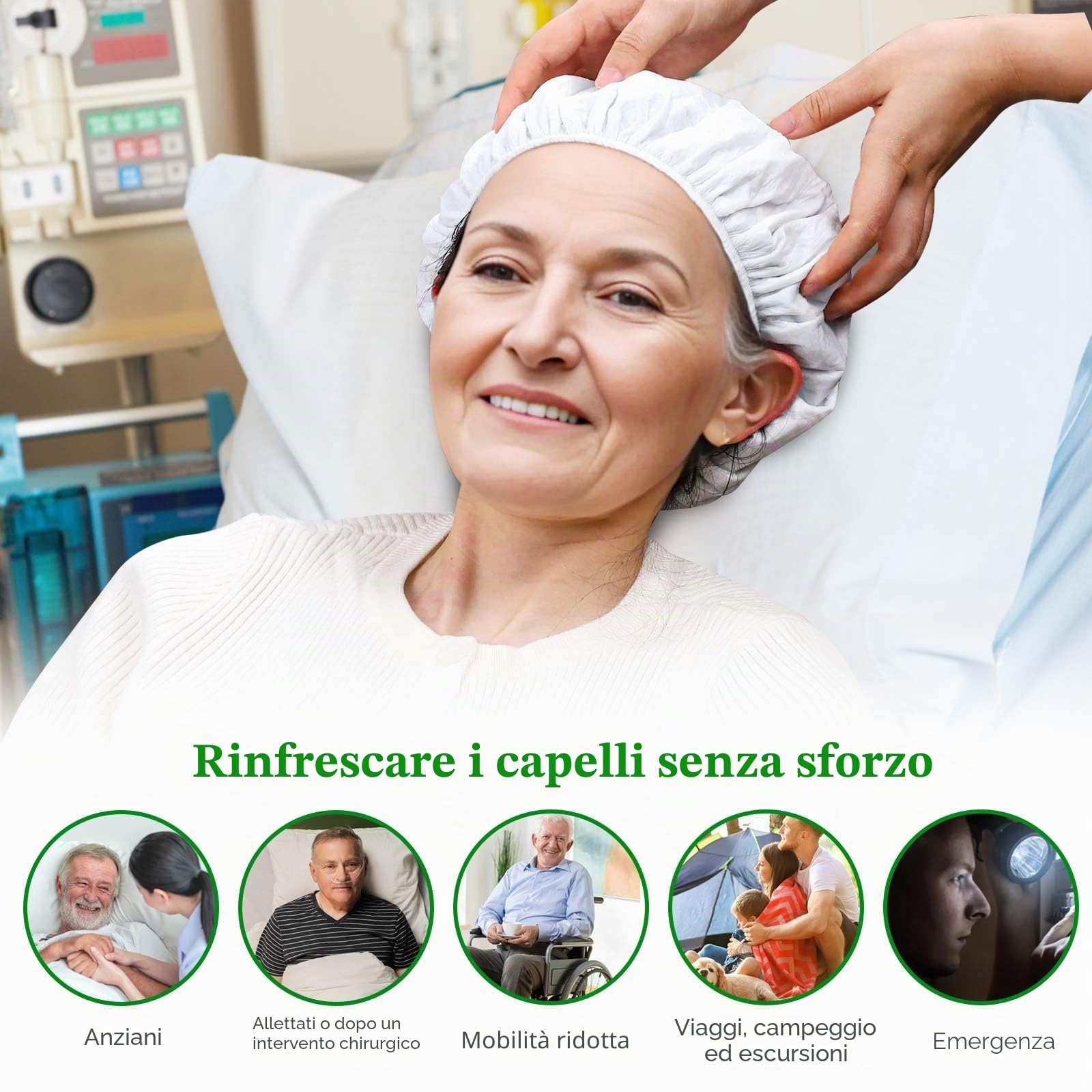Cappelli per shampoo senza risciacquo, cappelli da doccia per lavaggio dei capelli per anziani e pazienti costretti a letto, cappelli da doccia senza risciacquo per dopo-intervento chirurgico