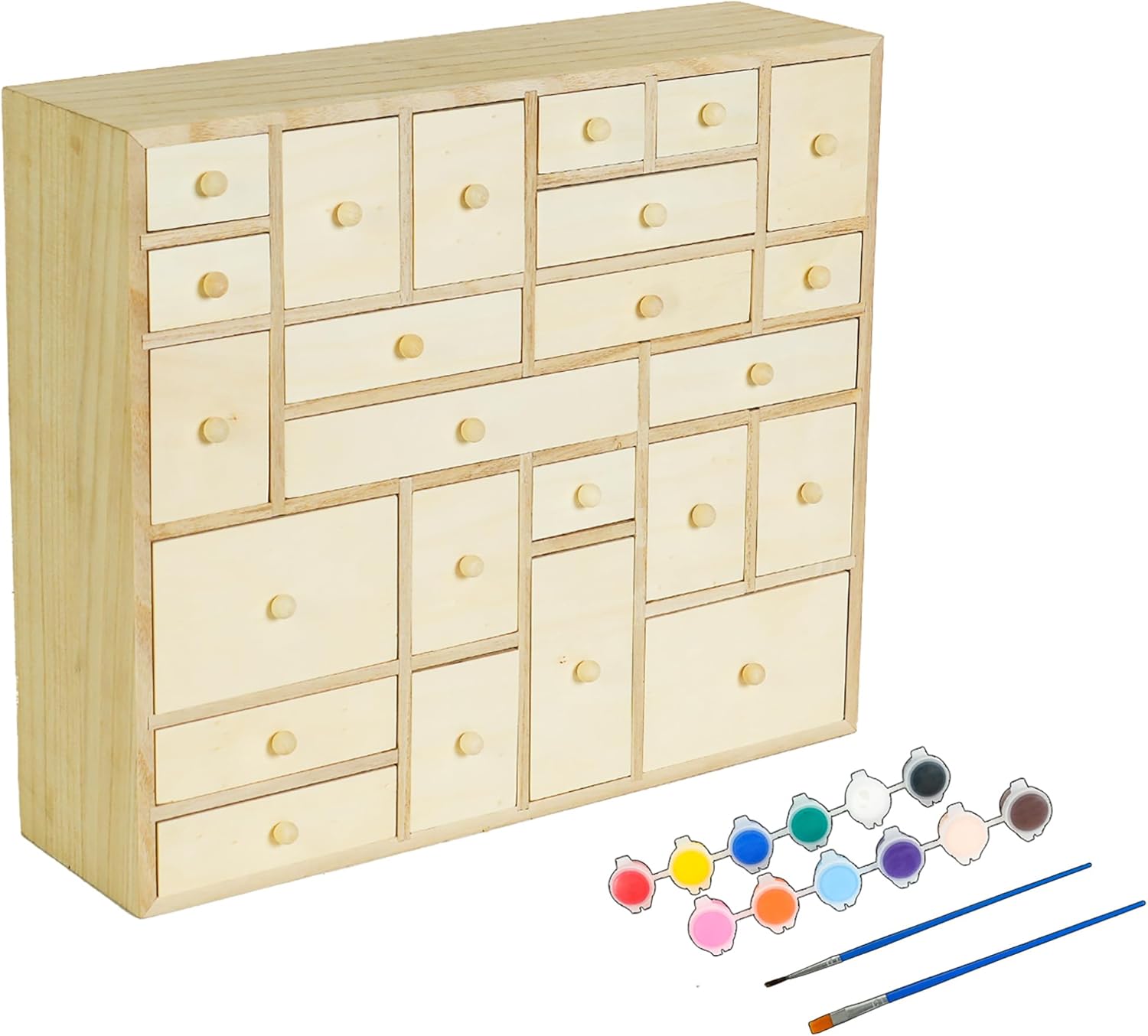Easy Playhouse: Wooden 24 Drawer Storage Cabinet - DIY Advent Calendar & Desktop Supplies Organizer, 12 Paints & 2 Brushes, Arts-Craft, Adults-Kids 8+
