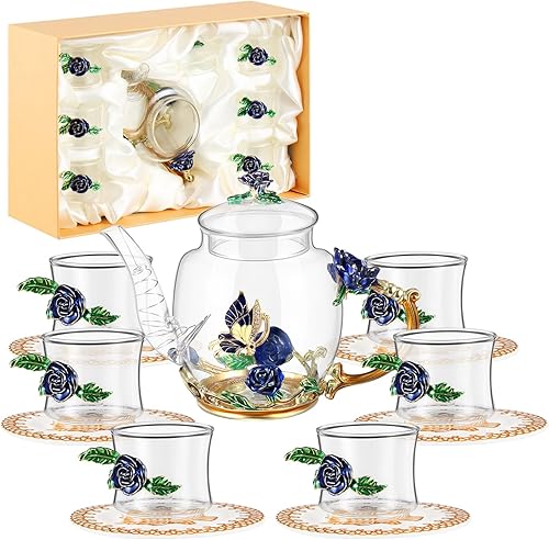 Juego de té floral de 7 piezas para mujer, juego de tetera de flores elegantes para adultos, juego de tetera de cristal, regalo para mamá, fiesta de