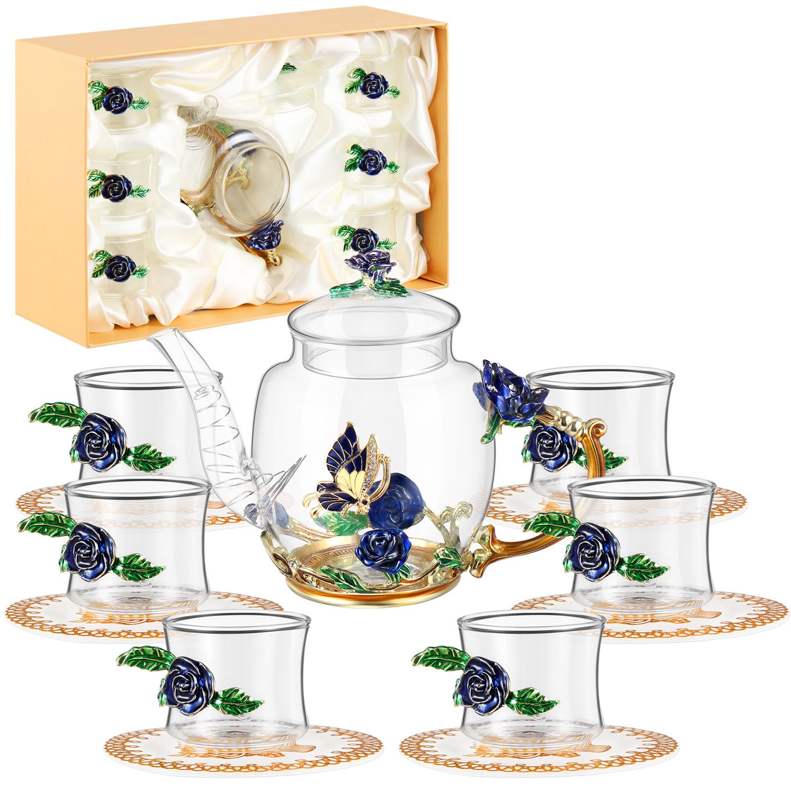Photo 1 of 7 Pcs Fancy Glass Tea Set, 1 Glass Tea Pot and 6 Glass Tea Cups with 6 Coasters, Gift for Women Tea Party Christmas Birthday Mother's Day Present, Fancy Tea Pot Cups Set with Gift Box Blue