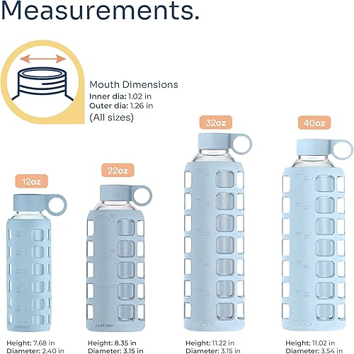 Miniatura 2 de purifyou Botella de agua de vidrio de borosilicato de 40 onzas, 32 onzas, 22 onzas, 12 onzas, con marcadores de tiempo y volumen, funda de silicona,