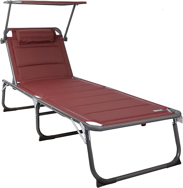 Homecall XXL Aluminium Sun Lounger with Sun Roof Three-Legged Beach bed 200x70 cm Maximum Load 150 kg, Red textilene, Quick Dry Foam
