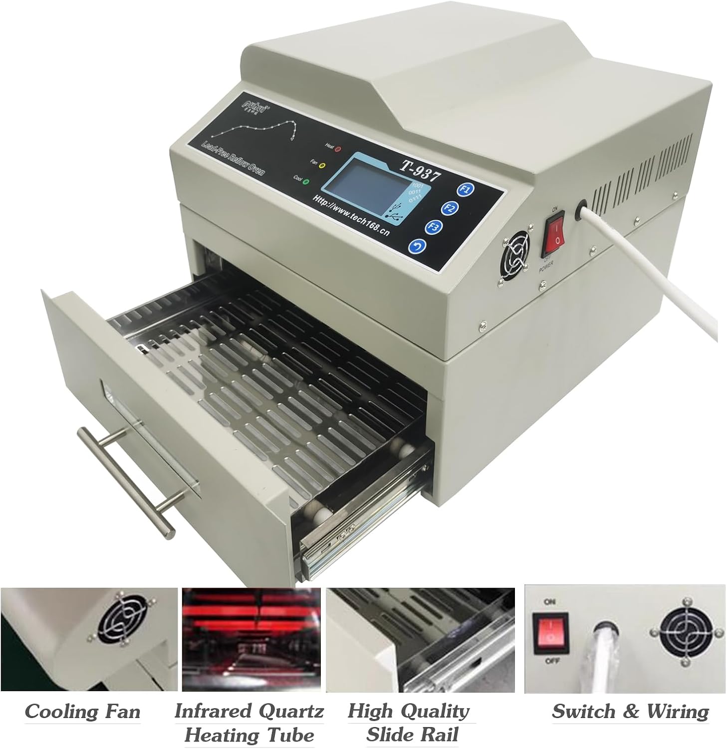 INTSUPERMAI Reflow Oven T-937 Micro-computer Control Reflow Soldering Machine Automatic Infrared & Hot Air Reflow Oven 306 mm×322mm Drawer Size Lead Free Reflow Soldering Machine 110V 2300W