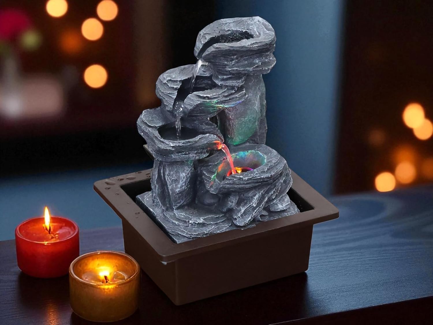 Rock Waterfall Design Table top Colour Changing Lights Fountain Polyresin Showpiece for Home Garden Living Room Decor Decoration Gift Items, 26 CM 1.3 kg