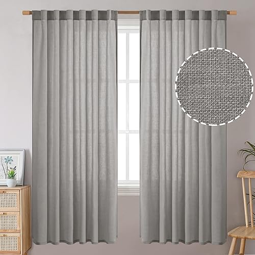 BGment Natural Faux Linen Curtains for Bedroom, Rod Pocket and Back Tab Linen Semi Sheer Drapes Light Filtering Privacy Window Treatments Curtains for Living Room, 2 Panels, 52 x 63 Inch, Grey