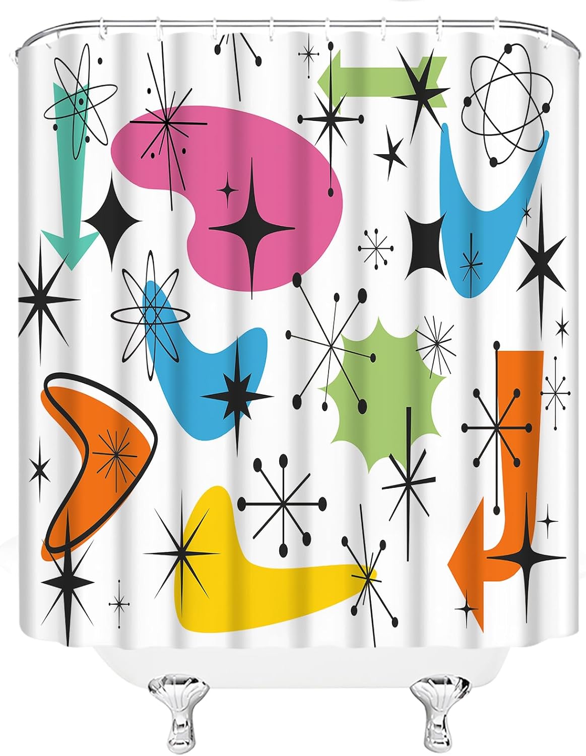 Mid Century Modern Shower Curtain Retro Atomic Abstract Geometric Boomerangs Sputnik Iconic 1950s 1960s Vintage Art Fabric Bathroom Decor Curtains with Hooks,Yellow Blue Green