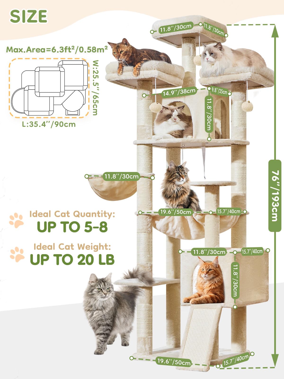 Taoqimiao Árbol Rascador 193 cm para Gatos Grandes, Árbol Rascador con Panel Rascador, Hamaca Metálica Extra Grande, 3 Plataformas, 7 Postes Sisal, 2 Cabañas Grandes y Cesta Colgante, MS047M Beige