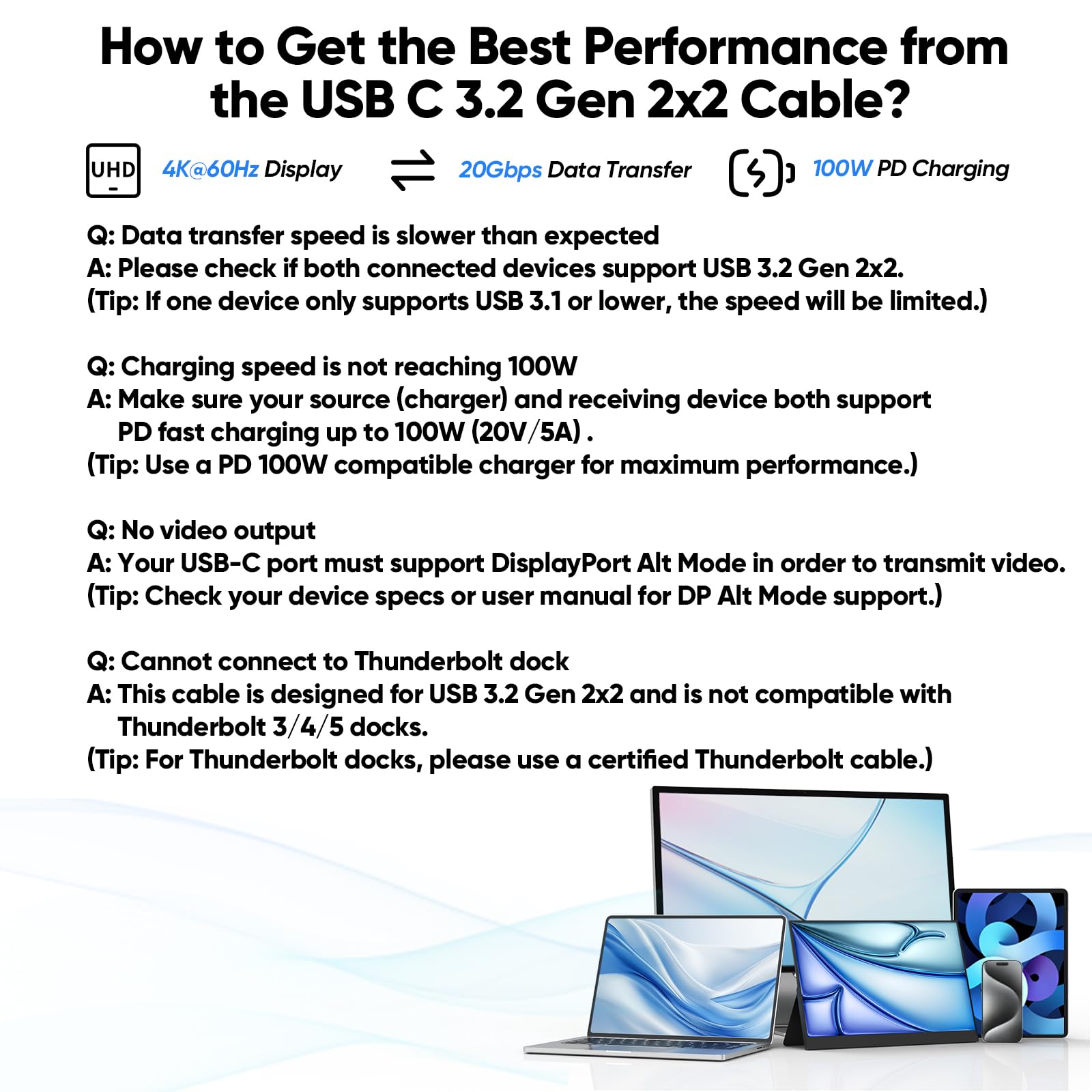 Cavo di trasferimento dati da USB C a USB C, 1,8 m, USB C 3.2 Gen 2x2 con 20 Gbps ad alta velocità, display video monitor 4K a 60Hz, cavo di ricarica rapida da 100 W per MacBook Phone Monitor Hub SSD