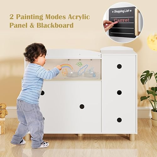 Miniatura 7 de INFANS Juego de cocina para niños, juego de juguetes de cocina de madera para niños pequeños con tabla de dibujo acrílica, máquina de hielo,