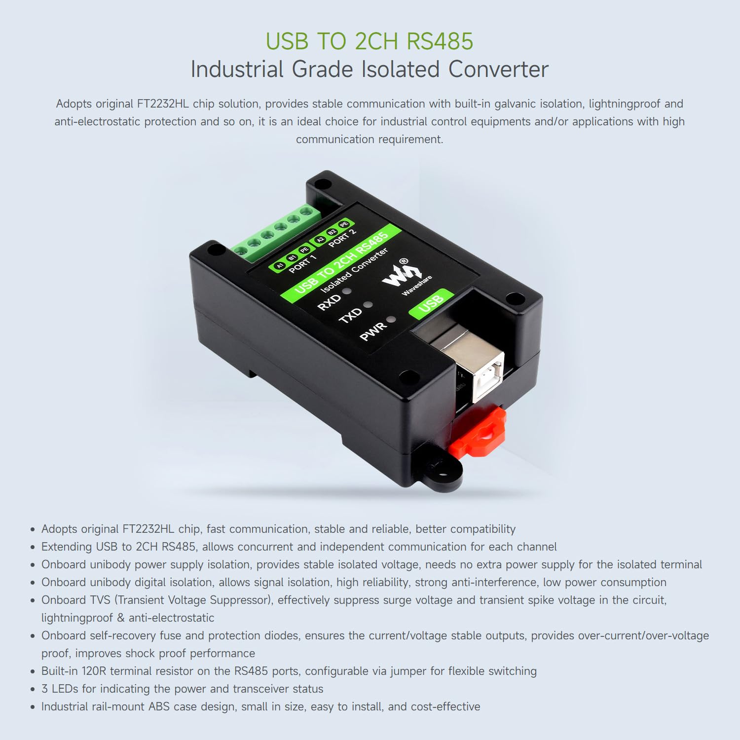 Waveshare USB to 2CH RS485 Industrial Grade Isolated Converter, Onboard  Original FT2232HL Chip, USB to RS485 Adapter, Multiple Protection Circuits,  Wall-Mount and Rail-Mount Support: Amazon.de: Computer & Zubehör