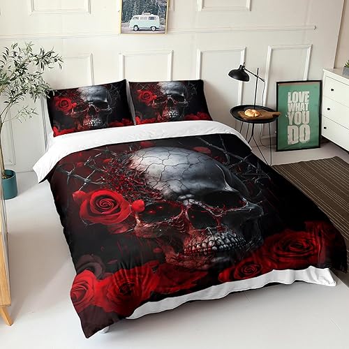 Miniatura 115 de AILONEN Juego de funda de edredón de calavera de azúcar, tamaño Queen, juego de funda de edredón de calavera de rosa roja, juego de ropa de cama