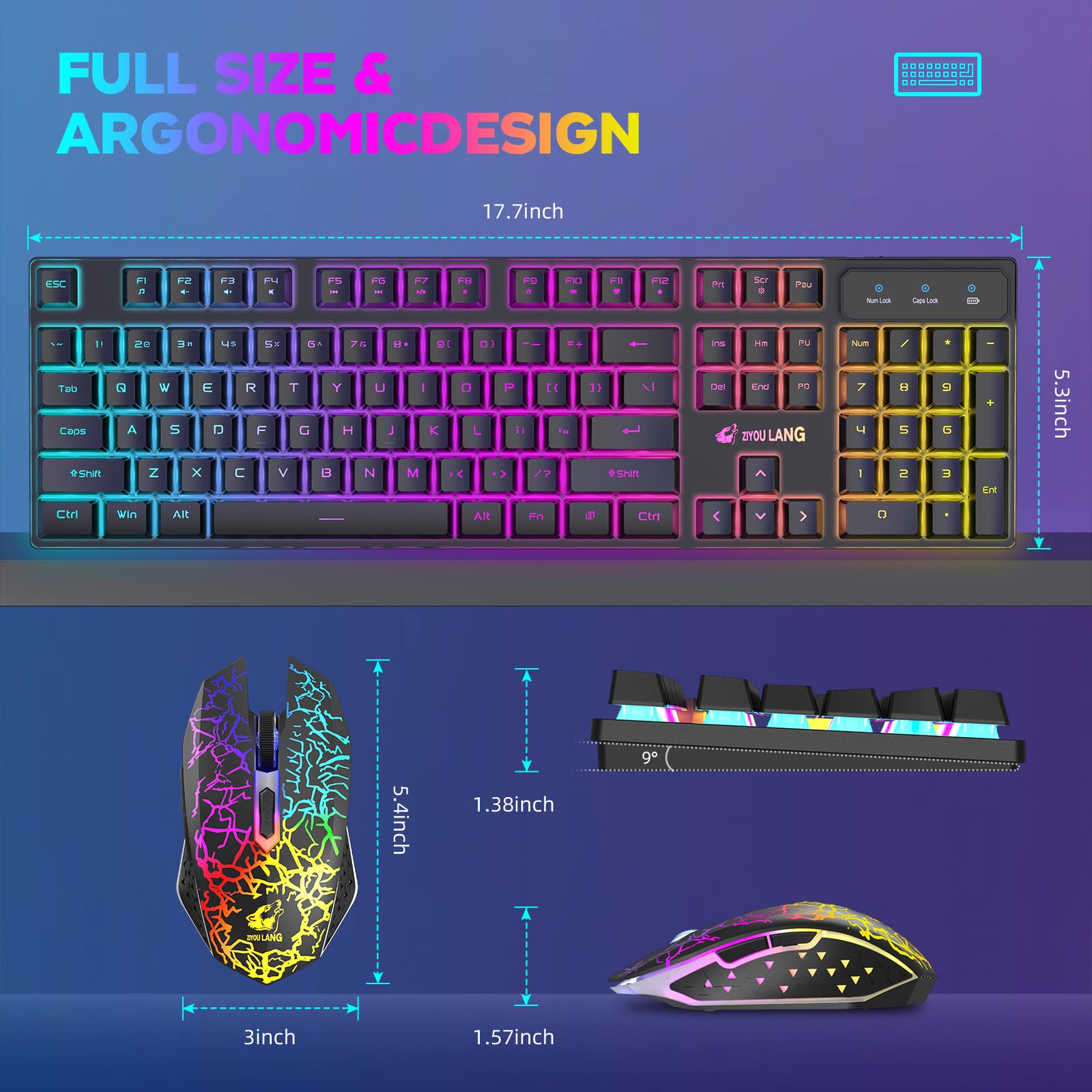 T3 Drahtlose Tastatur Maus Combo, orange beleuchtete 2.4G wiederaufladbare mechanische Feel Gaming-Tastatur + 2400DPI 6 Tasten Optische LED-Gaming-Maus + kostenlose Gaming-Mauspads (schwarz/orange)