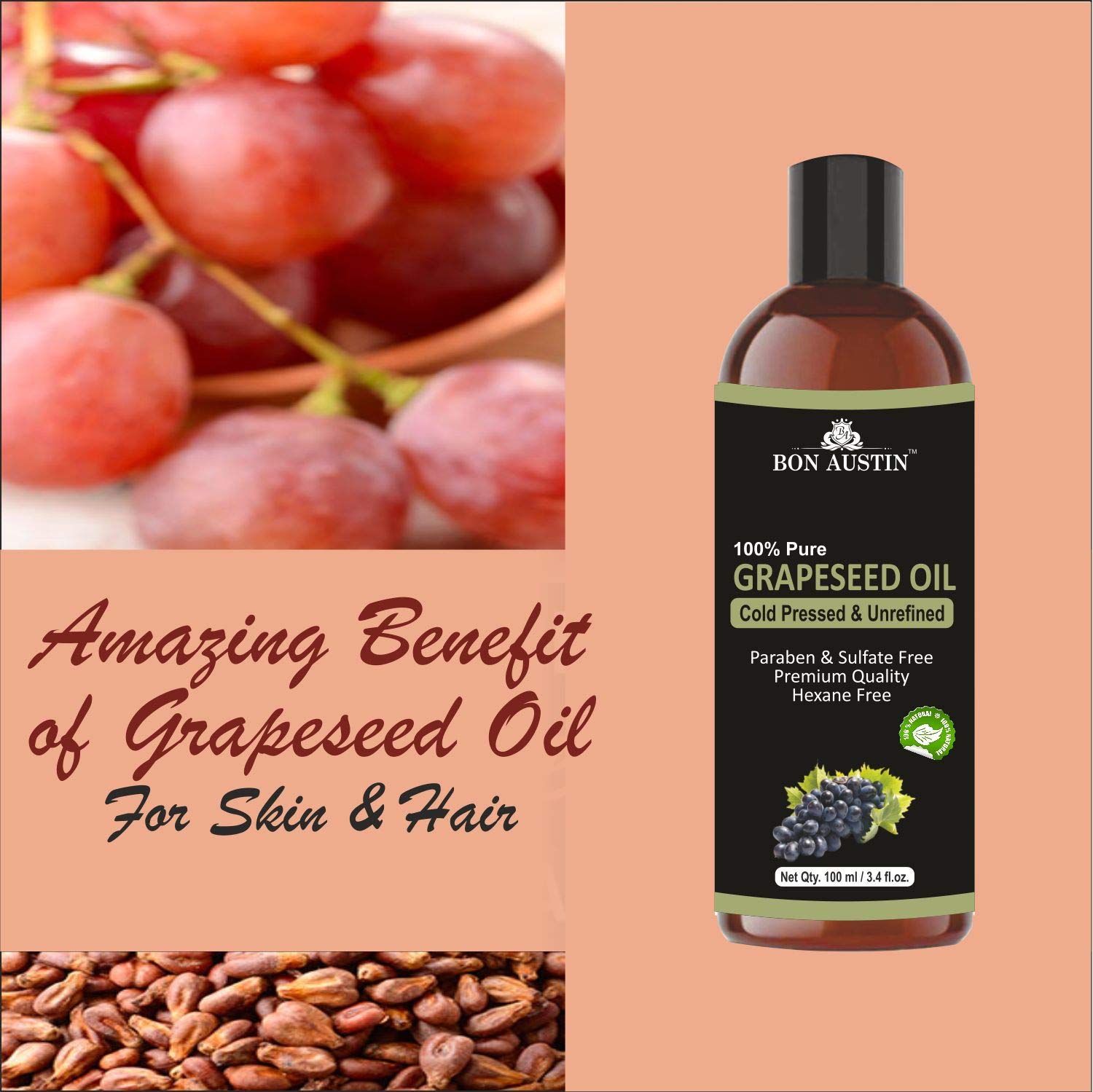 Bon Austin 100% Pure & Natural Blackseed Oil & Grapeseed Oil Combo pack of 2 bottles of 100 ml(200 ml) 1