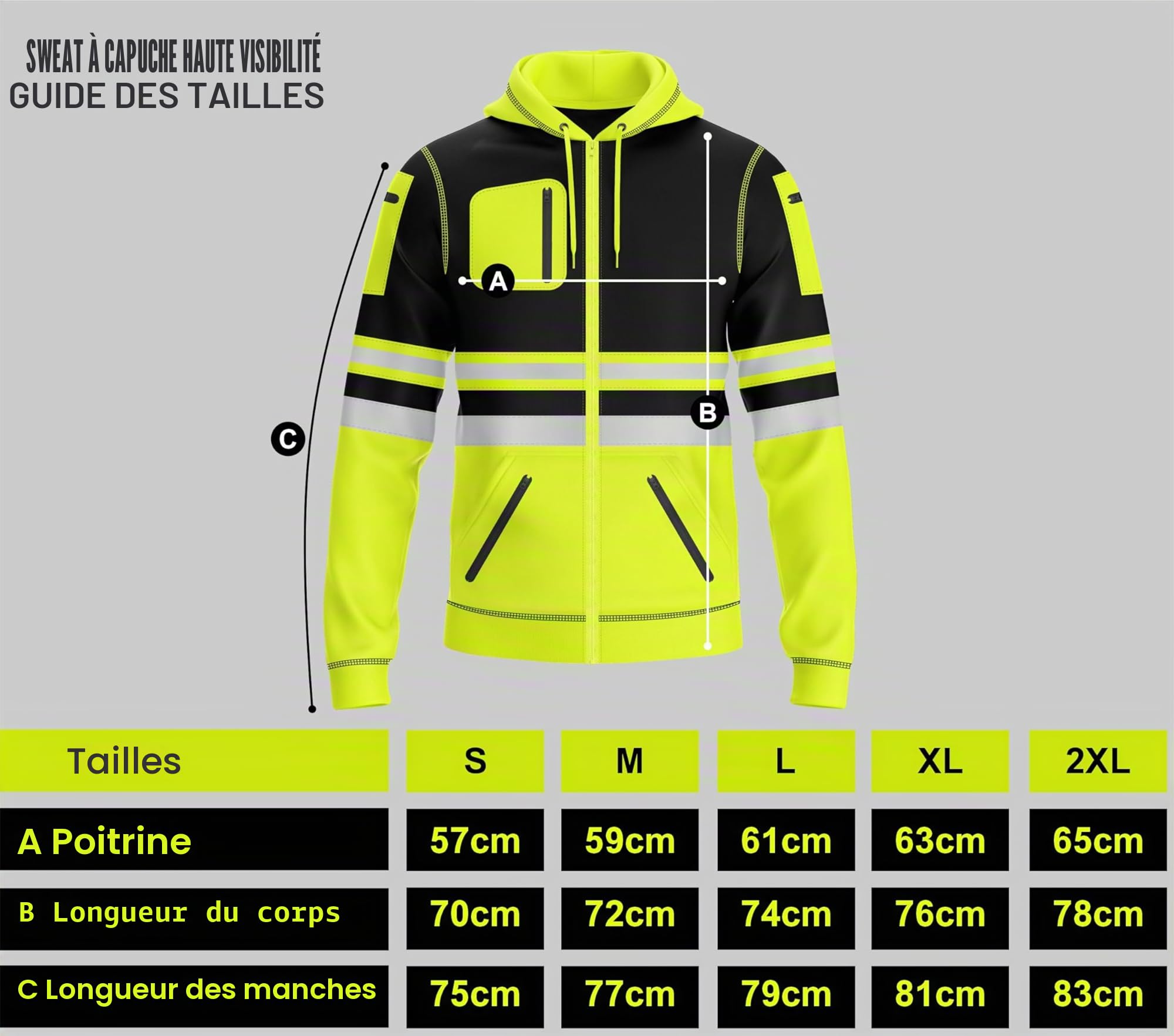 Sweat à capuche haute visibilité pour homme avec bande réfléchissante et cordon de serrage, plusieurs poches zippées haute visibilité