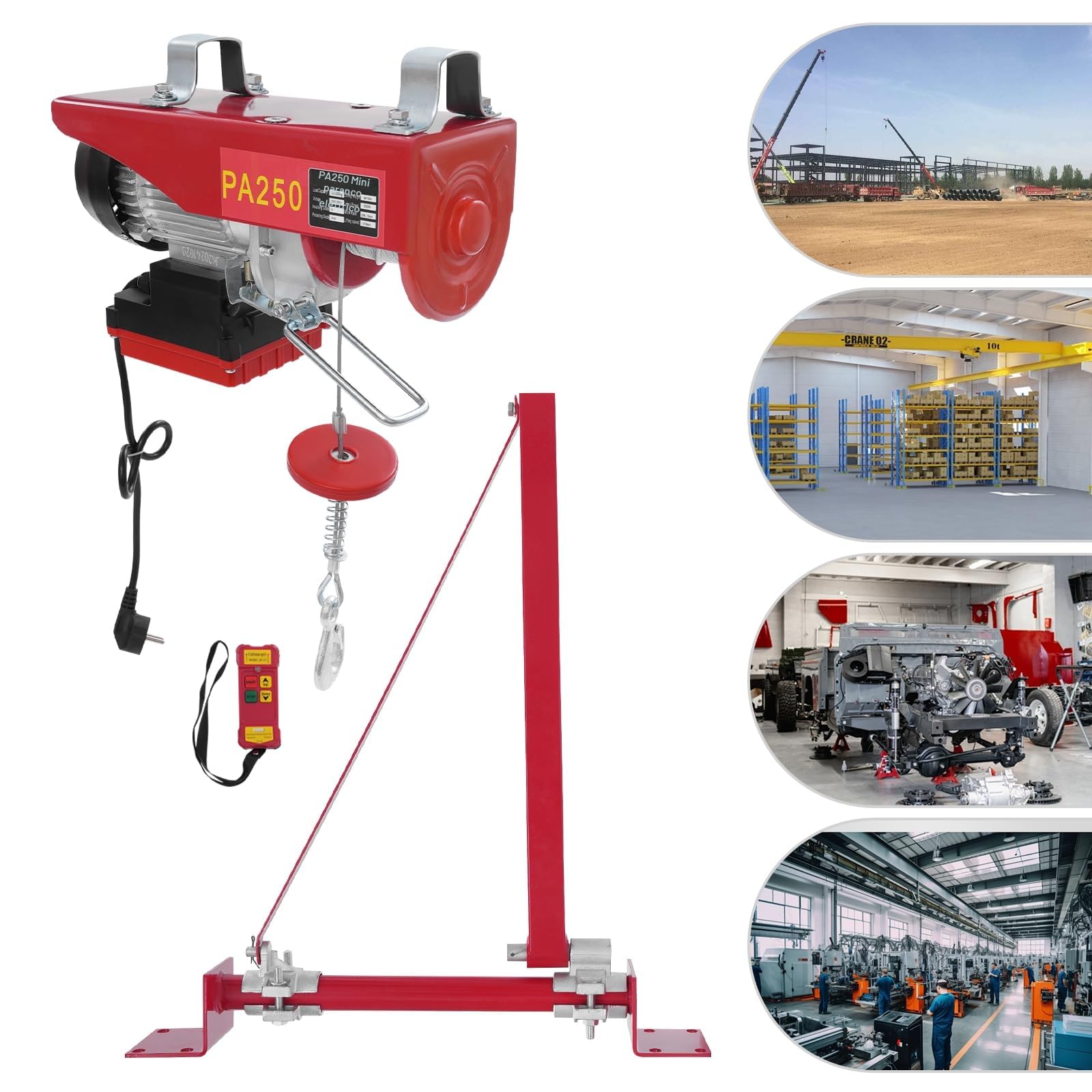 Verricello elettrico con braccio di supporto per sollevamento elettrico, 250 kg, verricello motorizzato con braccio orientabile e telecomando senza fili, paranco a fune per sollevamento in officina e